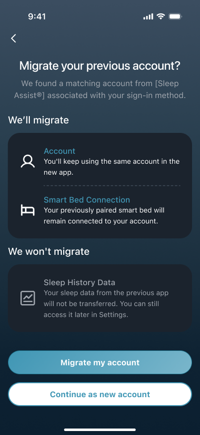 The two buttons in the migration dialogue
