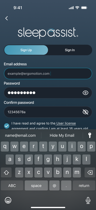 Email and password entry