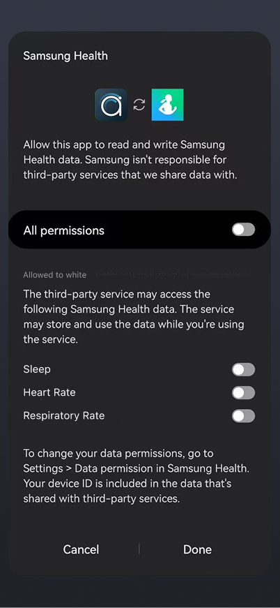 Samsung Health permissions